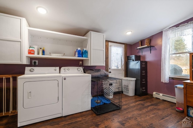 laundry room with washer and dryer, dark wood-style floors, cabinet space, recessed lighting, and a baseboard heating unit