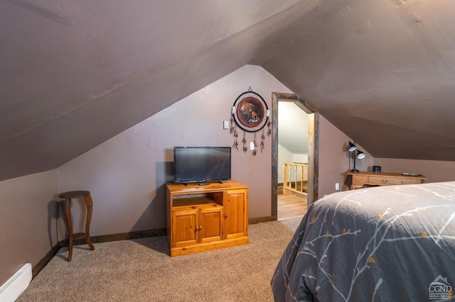 bedroom with a baseboard radiator, light carpet, lofted ceiling, and baseboards