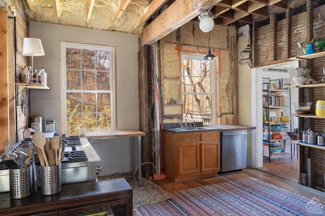 interior space with hardwood / wood-style flooring, dishwasher, and sink