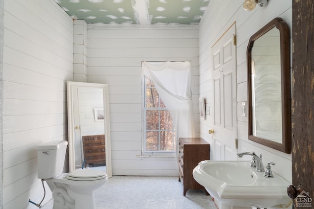 bathroom with wooden walls, sink, and toilet