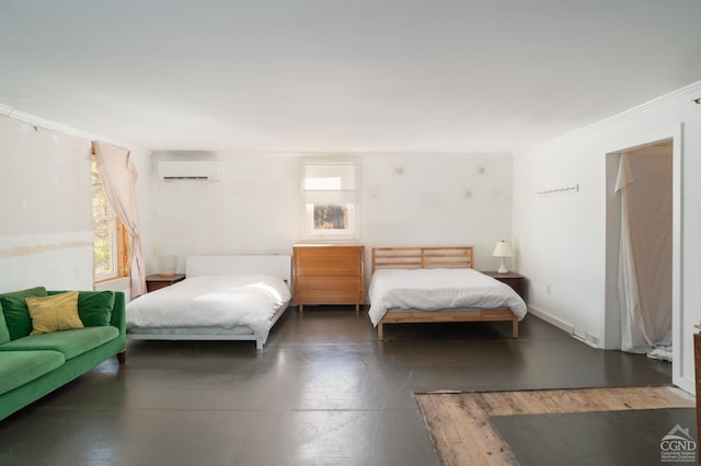 bedroom featuring crown molding and a wall mounted AC