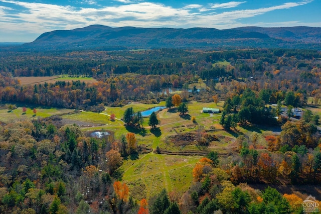 aerial view featuring a water and mountain view