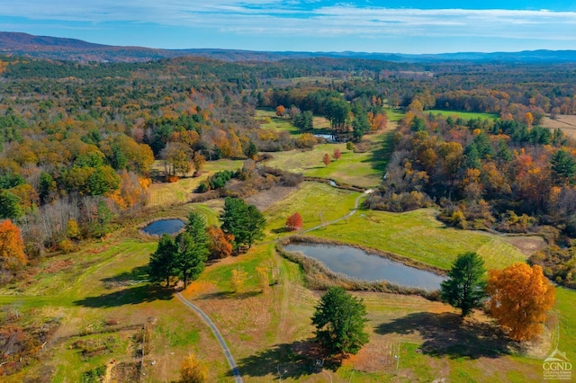 aerial view featuring a water and mountain view