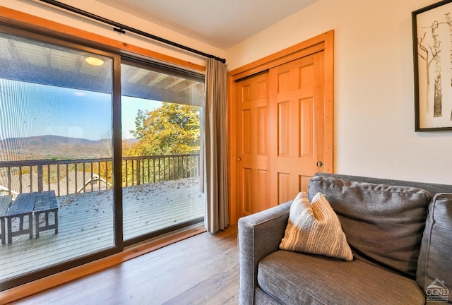 doorway to outside with a mountain view and hardwood / wood-style flooring