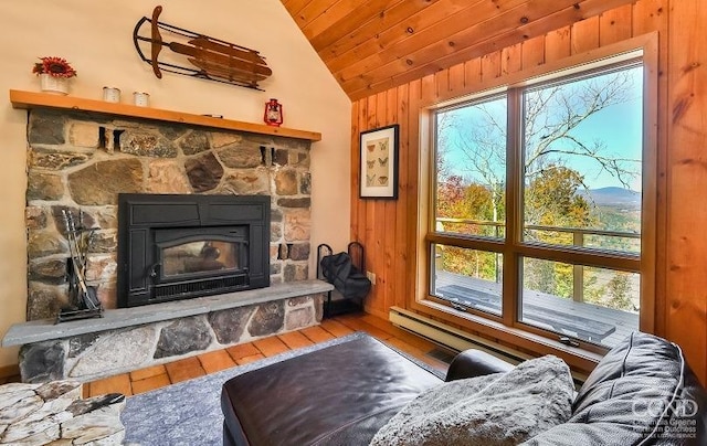 living room featuring wooden ceiling, lofted ceiling, hardwood / wood-style flooring, and a healthy amount of sunlight