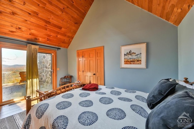 bedroom with hardwood / wood-style flooring, wood ceiling, and high vaulted ceiling