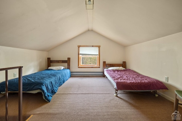 carpeted bedroom with a baseboard radiator and vaulted ceiling