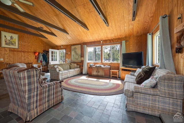 living room with ceiling fan, wood walls, wooden ceiling, and vaulted ceiling