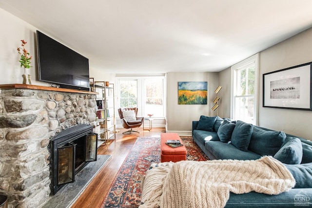 living room featuring a fireplace and dark wood-type flooring