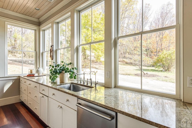 kitchen featuring dishwasher, white cabinets, sink, light stone counters, and dark hardwood / wood-style flooring