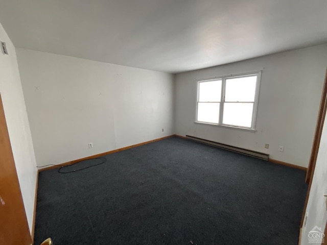 carpeted empty room with a baseboard heating unit