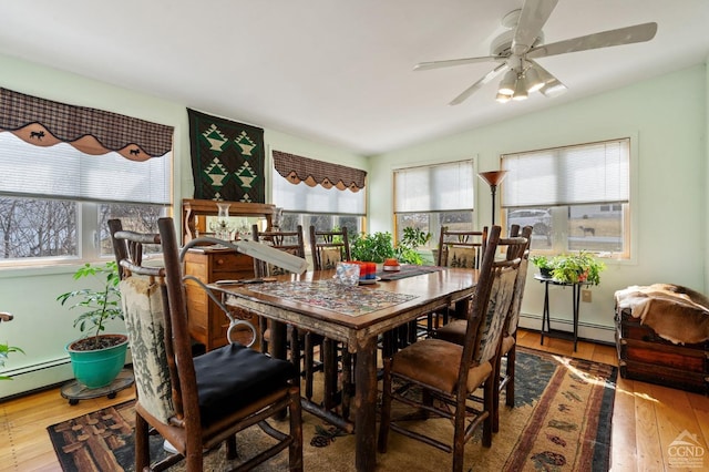 dining space featuring ceiling fan, a baseboard radiator, and wood finished floors