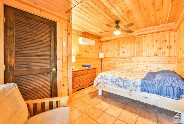 tiled bedroom featuring ceiling fan, a wall unit AC, wooden ceiling, and wooden walls