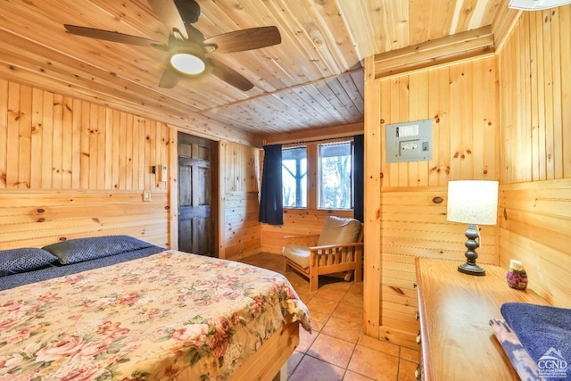 tiled bedroom featuring ceiling fan, wood ceiling, and wood walls