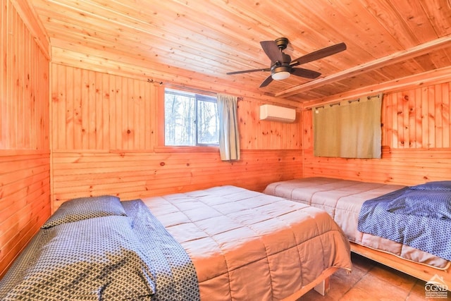 bedroom featuring a wall unit AC, wooden walls, ceiling fan, and wood ceiling