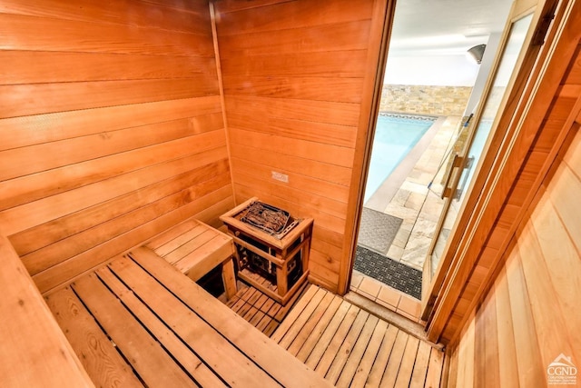 view of sauna / steam room with tile patterned floors