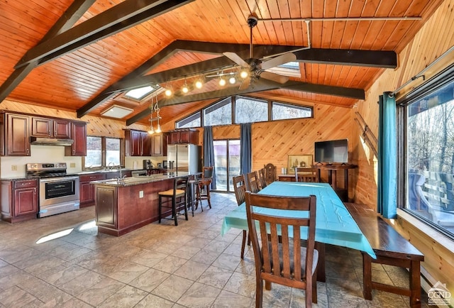 kitchen with wood ceiling, wooden walls, pendant lighting, and stainless steel appliances