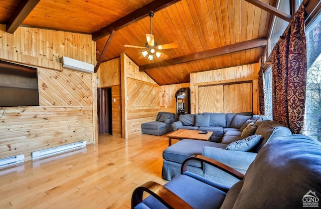 living room featuring wood walls, light hardwood / wood-style flooring, ceiling fan, a wall mounted AC, and wood ceiling