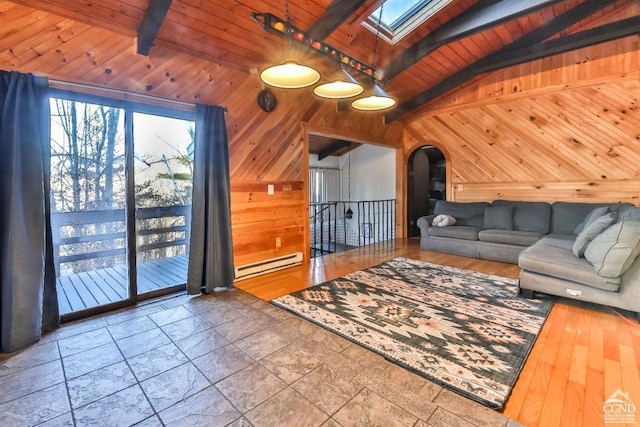 unfurnished living room featuring vaulted ceiling with skylight, wooden ceiling, hardwood / wood-style flooring, and a baseboard radiator