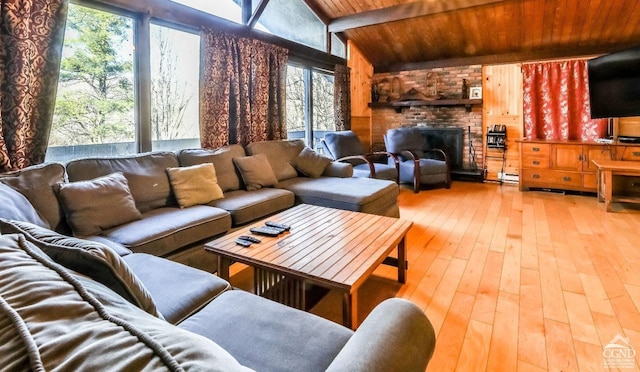 living room with a fireplace, lofted ceiling with beams, light hardwood / wood-style flooring, and wood ceiling