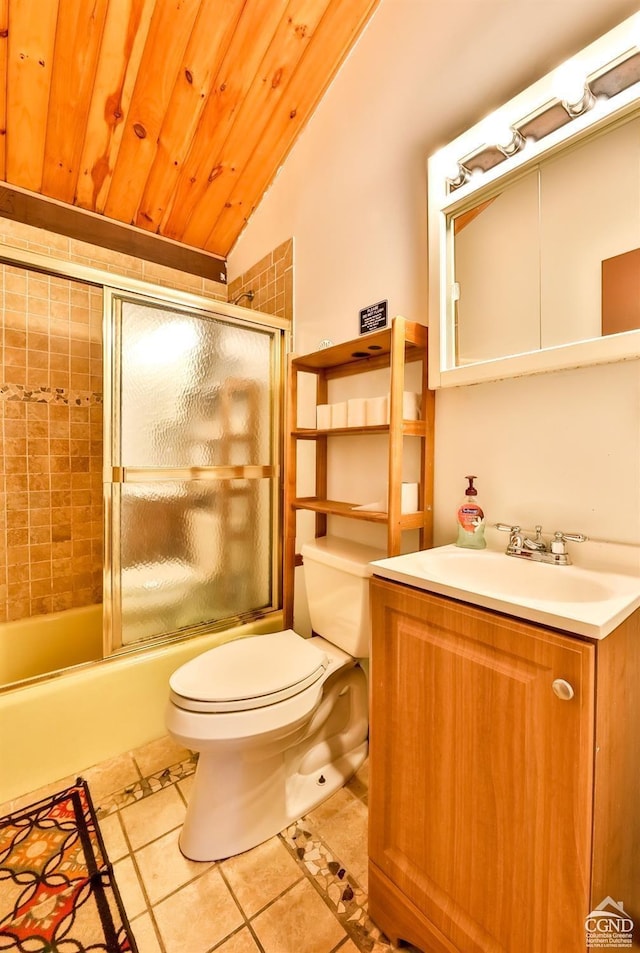 full bathroom with shower / bath combination with glass door, lofted ceiling, wooden ceiling, tile patterned floors, and toilet