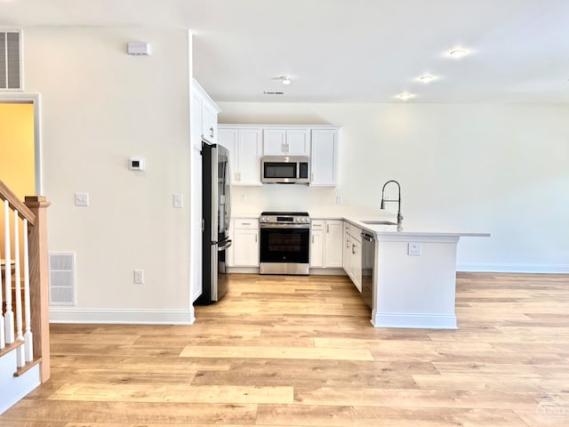 kitchen with appliances with stainless steel finishes, a sink, light wood finished floors, a peninsula, and visible vents