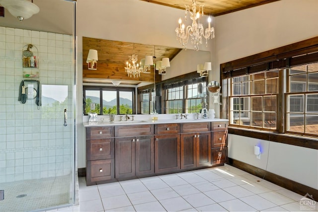 bathroom featuring vanity, tile patterned floors, walk in shower, a notable chandelier, and wood ceiling