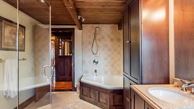 bathroom featuring tile patterned flooring, vanity, separate shower and tub, and wood ceiling