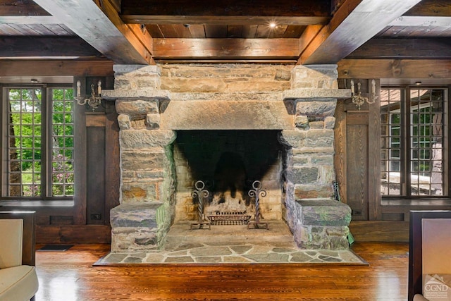 details featuring beamed ceiling, wood-type flooring, a fireplace, and wood ceiling