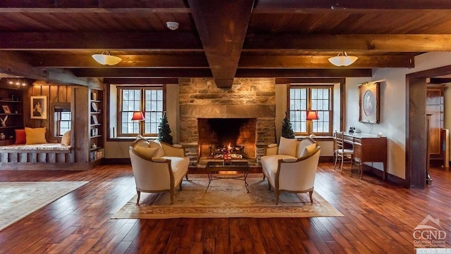 sitting room featuring hardwood / wood-style floors, beam ceiling, wood ceiling, and a fireplace