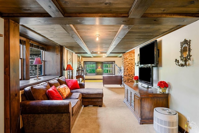 living room with light colored carpet and wood ceiling