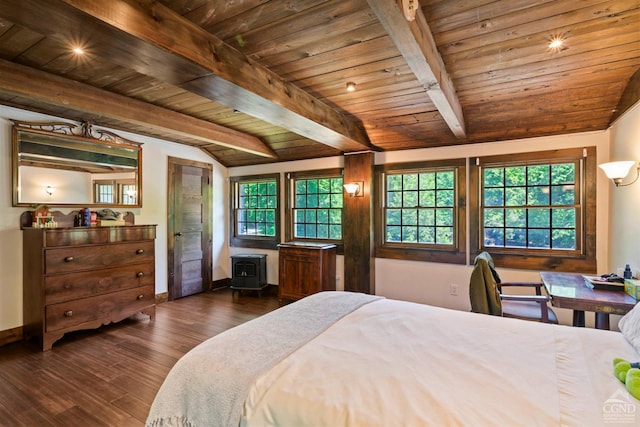 bedroom with vaulted ceiling with beams, dark hardwood / wood-style floors, a wood stove, and wooden ceiling