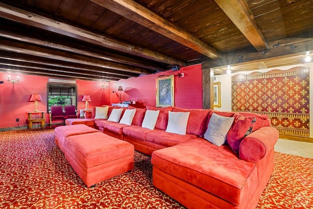 home theater featuring beam ceiling and wood ceiling