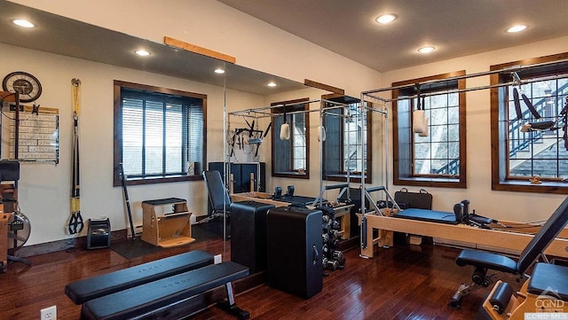 gym featuring dark wood-type flooring