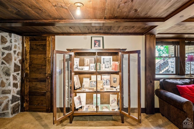 room details featuring beam ceiling, carpet floors, and wood ceiling