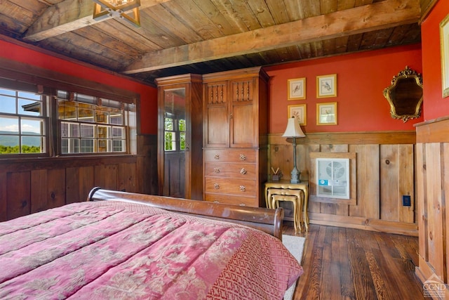 bedroom with wood walls, dark hardwood / wood-style flooring, beamed ceiling, and wooden ceiling