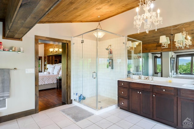 bathroom with tile patterned flooring, vanity, lofted ceiling, and wood ceiling