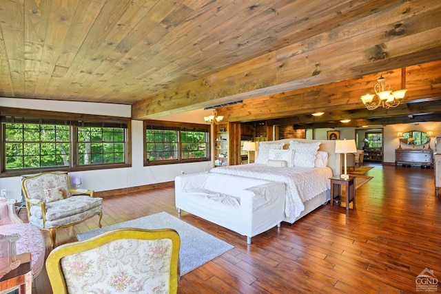 bedroom with wood ceiling, dark wood-type flooring, and a notable chandelier