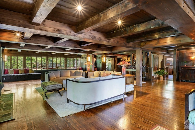 living room featuring wooden ceiling, beamed ceiling, and wood-type flooring