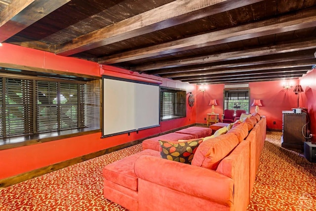 cinema room with beamed ceiling, carpet floors, and wood ceiling