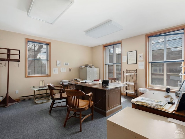 office featuring dark colored carpet and baseboard heating