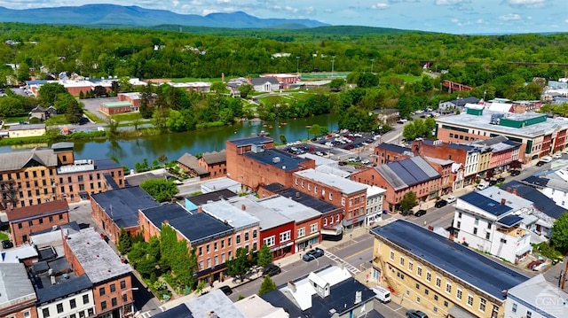 bird's eye view featuring a water and mountain view