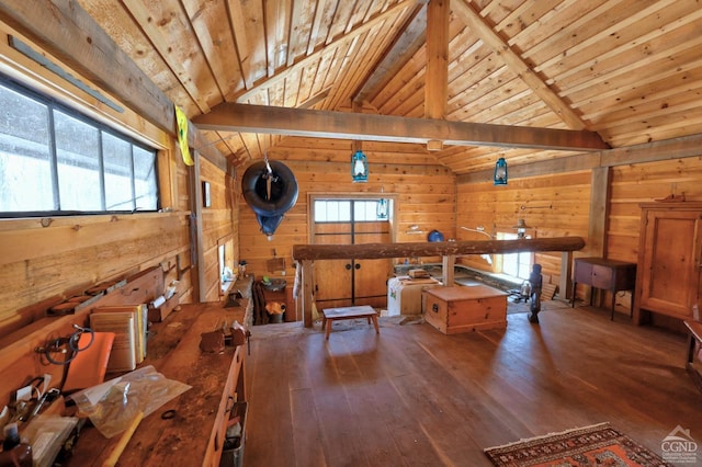 recreation room with hardwood / wood-style floors, a healthy amount of sunlight, lofted ceiling, wood ceiling, and wood walls