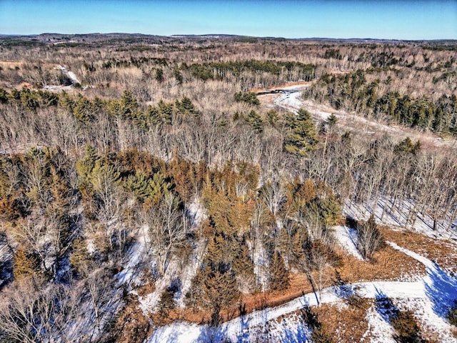 drone / aerial view featuring a wooded view