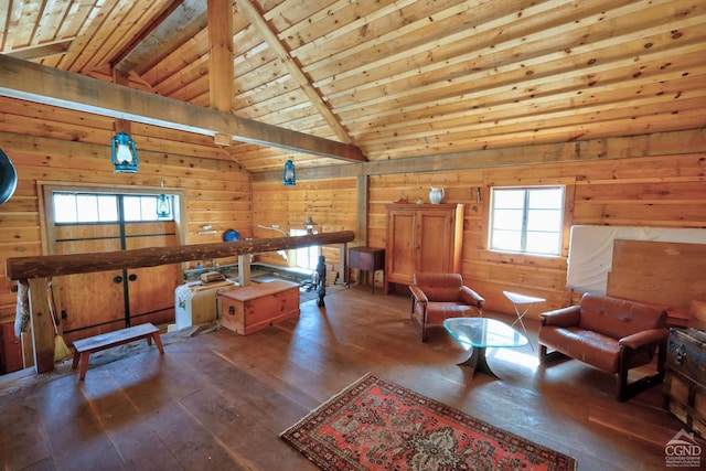 living area with lofted ceiling, hardwood / wood-style floors, wooden ceiling, and wood walls