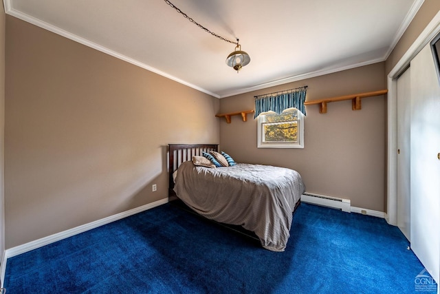 carpeted bedroom featuring ornamental molding and a baseboard radiator