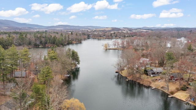 aerial view featuring a water and mountain view and a forest view