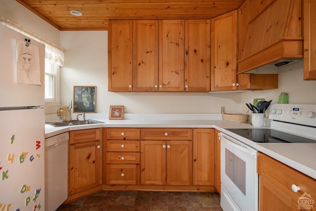 kitchen featuring light countertops, wood ceiling, a sink, and white appliances