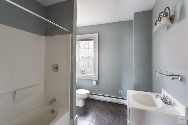 full bath with tile patterned flooring, toilet, shower / tub combination, a baseboard heating unit, and vanity