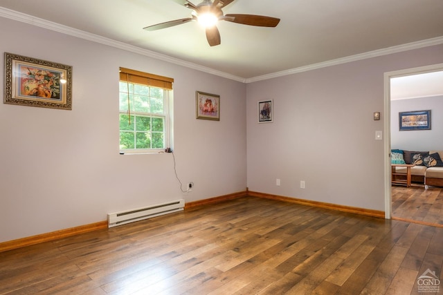 empty room with hardwood / wood-style floors, ceiling fan, crown molding, and baseboard heating